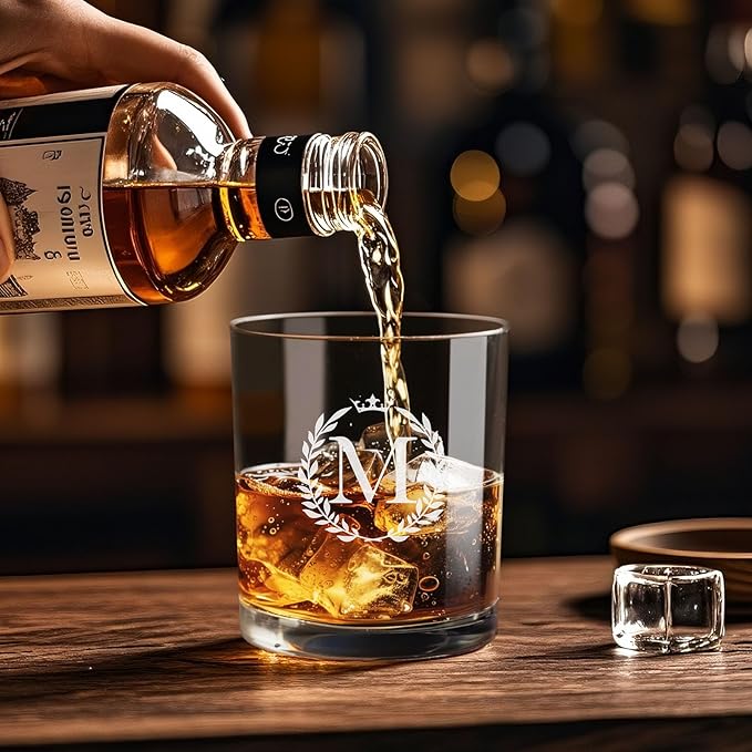 Personalized Whiskey Glasses Gifts for Men, Monogrammed Engraved A-Z 10.6 oz Rocks Glass Customized Gift, Unique Christmas Birthday Gifts for Men Him Dad Husband Brother Son (M)