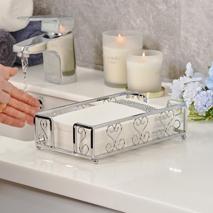 Silver Guest Towel Holder Tray for Bathroom – Napkin Organizer for Disposable Hand Paper Towels, Vanity Countertop Napkin Holder, Modern Bathroom Accessory for Guest Use and Décor