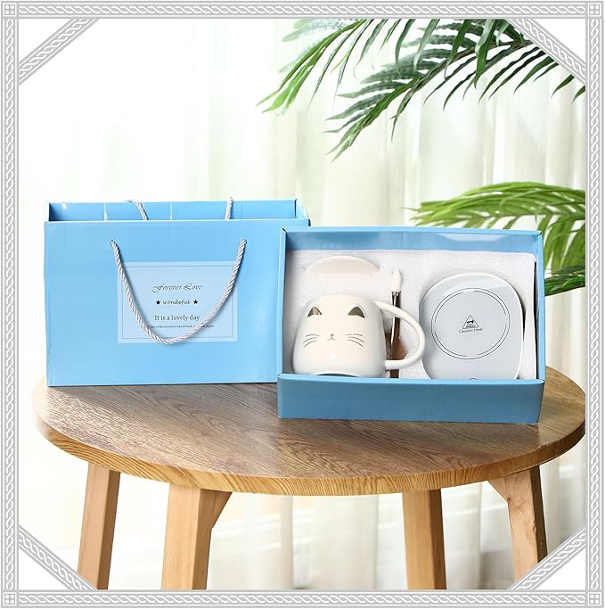 Cat Coffee Cup Warmer Coffee Warmer with Mug for Women Electric Coffee Mug Heater Temperature Control Ceramic Cute Cat Smart Coffee Warmer for Office Christmas Birthday Gift (White)