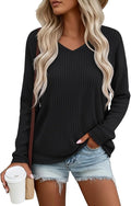 Women's V Neck Sweater Long Sleeve Knit Oversized Shirt Loose Lightweight Fall Casual Pullover Sweater Top
