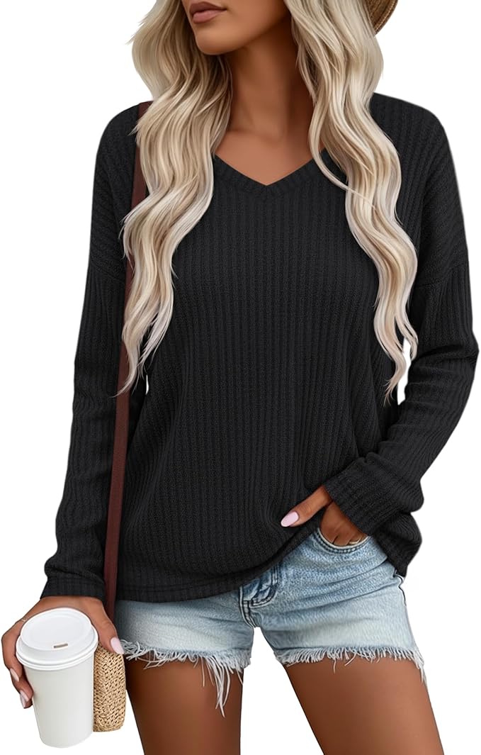 Women's V Neck Sweater Long Sleeve Knit Oversized Shirt Loose Lightweight Fall Casual Pullover Sweater Top