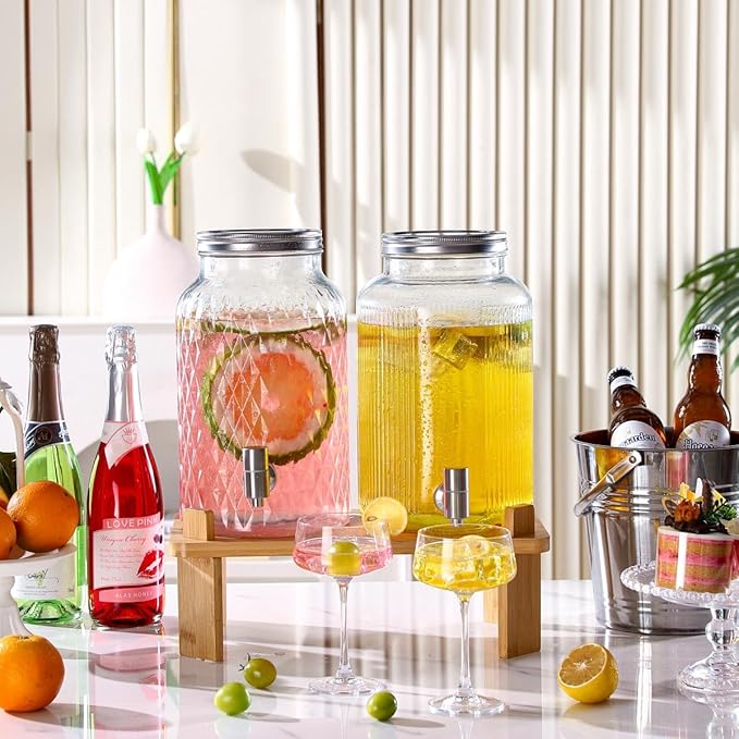 2 PCS Glass Drink Dispenser Set 1.5 Gallon With Stand, Spigot, Large Water Drink Dispensers for Parties for Lemonade, Juice, and Wedding, Bars