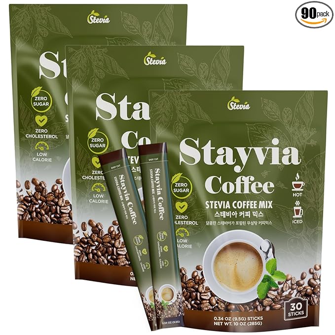 STAYVIA COFFEE Stevia Instant Coffee Packets - Korean Instant Latte with Sugar-Free & Low Calories - 90 Sticks (0.33oz) - Plant-Based Sweetener - Enjoy Caffeine Hot & Cold at Office, Home & Travel
