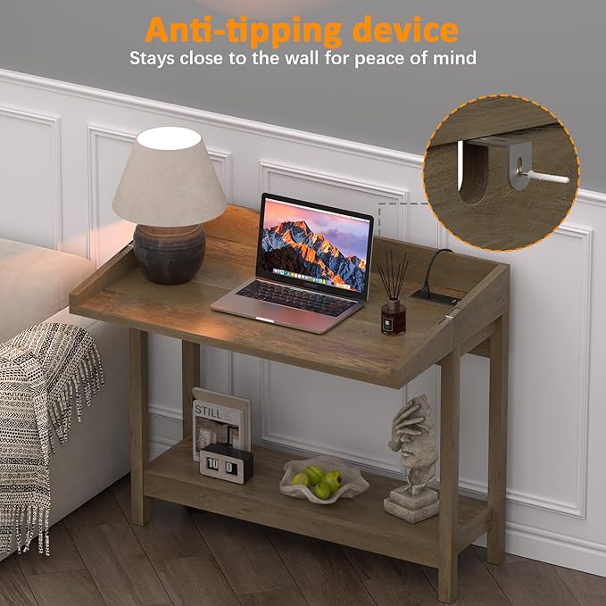 Foldable 38" Console Table with Charging Station & Storage, Side Table with Charging, Entryway Table with Anti-Tip Design,Rustic,Rustic Brown