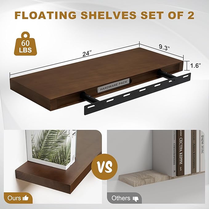 Fun Memories Floating Shelves, 9.3'' Deep Solid Pine Wood Wall Shelves for Storage, Wall Mounted Display Shelf with Invisible Heavy-Duty Metal Bracket, 24'' Width Set of 2, Walnut