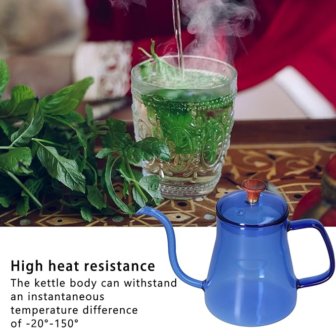 350ml Pour Over Coffee Kettle,Gooseneck Glass Kettle,Tea Kettle Long Spout Kettle Large Capacity Heat Resistant Easy to Clean Long Mouth Coffee Pot with Lid(blue)