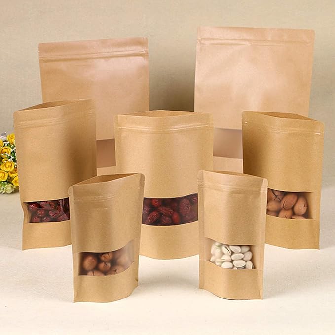 TYONMUJO 100pcs Kraft Bags with Window Zipper Lock Stand Up Bulk Pouches Resealable 5.5×7.8in