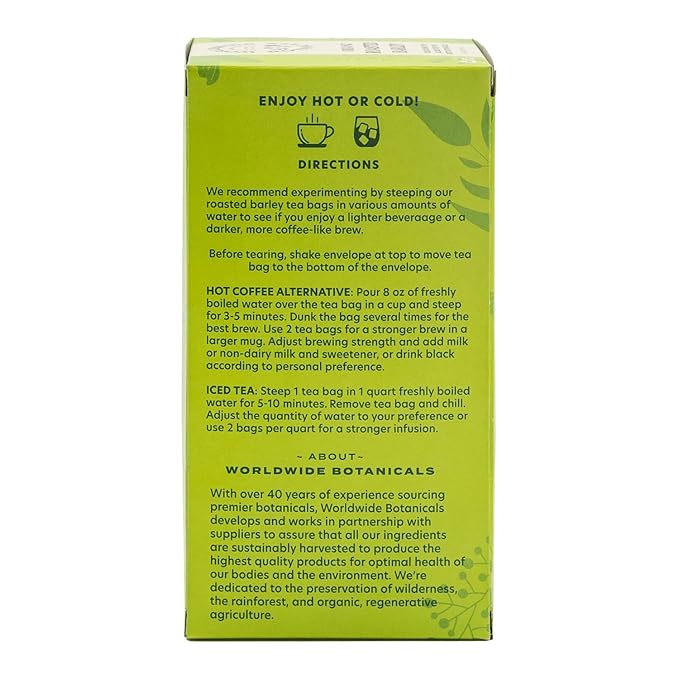 Worldwide Botanicals Organic Roasted Barley Tea, 25 Tea Bags - 3x more herbs with 6g per teabag - AKA Mugicha, Boricha, Damaicha, Orzo - Caffeine-Free, Kosher