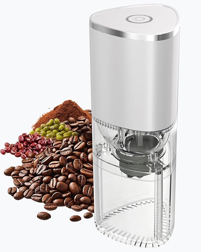 Portable Electric Coffee Grinder ，Automatic Coffee Grinder with USB Type-C wireless charging design，Adjustable Coarse to Fine for coffee beans, grains, cleaning brush + cable Includes (white)