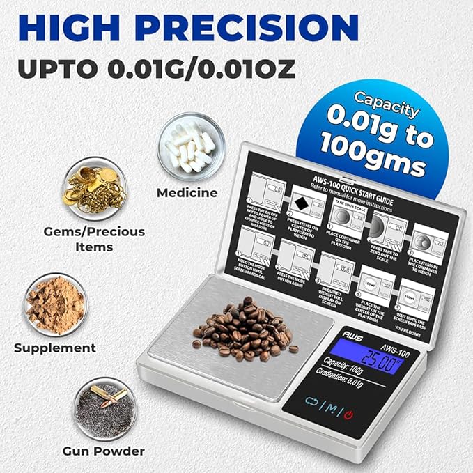 American Weigh Scales Series Digital Pocket Weight Scale Backlit LCD Stainless-Steel Surface 100g x 0.01g, (Silver), AWS-100-SIL