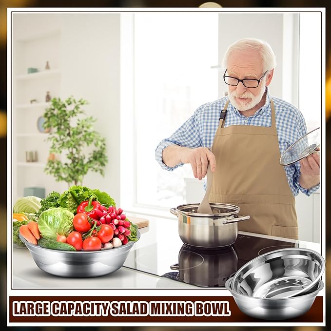 Nuogo 4 Pcs Stainless Steel Mixing Bowls Metal Mixing Bowls Extra Large Basin Salad Basin Deeper Edge Dishwasher Safe Mirror Finish for Home and Commercial, Silver (11 Inch 3.4 Qt)