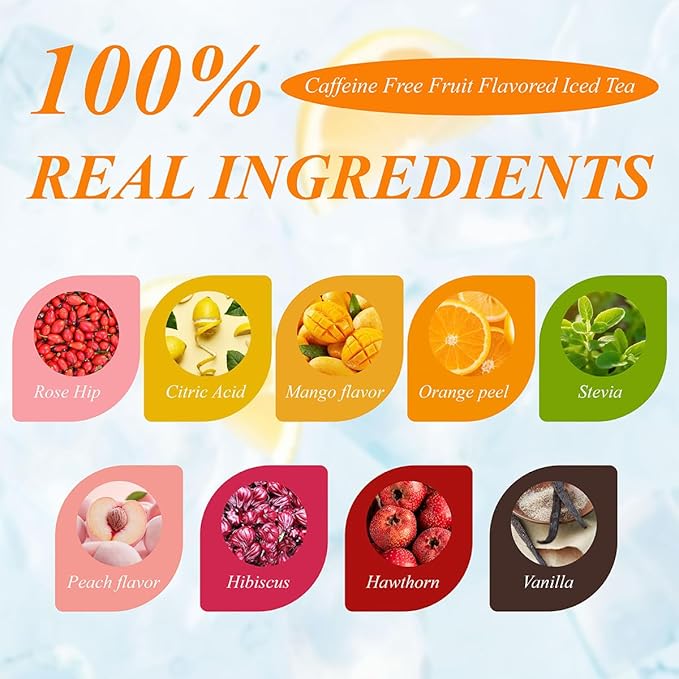 WT WEETEE Mango Peach Iced Tea, 100 Count Cold Brew Tropical Fruit Flavored Iced Tea Bags, Caffeine-Free Herbal Blend Tea of Rosehip, Hibiscus, Hawthorn