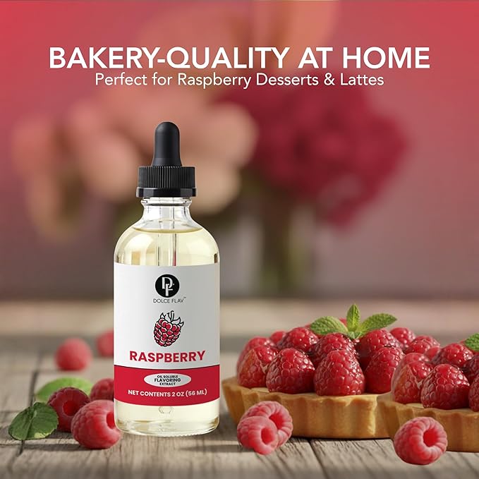 Dolce Flav Raspberry Extract – 2 Ounce Oil-Soluble Kosher, Sugar-Free, Concentrated Raspberry Flavoring for Chocolates, Candies & Baking, Includes Measured Dropper
