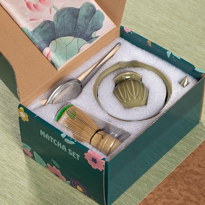 ZentButCool Matcha Set Includes Ceramic Matcha Bowl, Bamboo Whisk (Chasen), Scoop, Stainless Steel Matcha Sifter, And Whisk Holder (Nature)