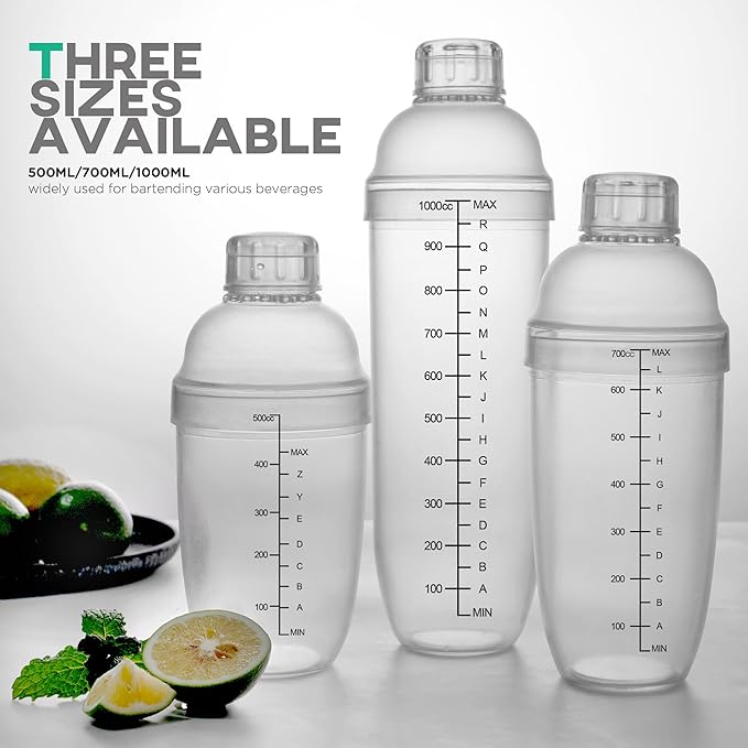 Homestia 2Pcs Plastic Cocktail Shaker with Double Jigger Set, 33oz/1000cc Clear Plastic Bottle Boba Tea Shaker Cup with Scales, Transparent Hand Drink Mixer Cocktail Measuring Cup for Bar Tools