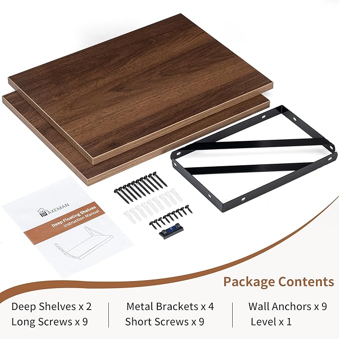Axeman Deep Floating Shelves - 16 Inch Wide x 12 Inch Deep Walnut Wall Shelves Set of 2 - Rustic Wide Wood Wall Mounted Shelves for Room Decor & Storage