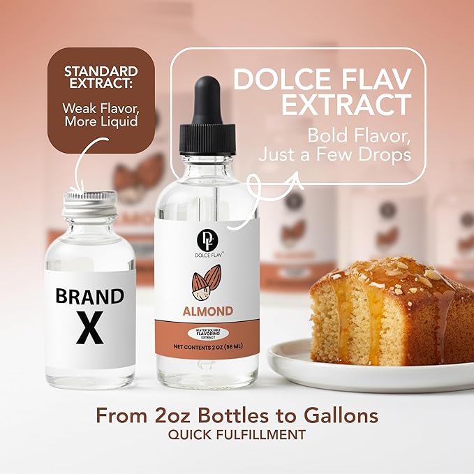 Dolce Flav Natural Almond Extract – 2 Ounce Water-Soluble Kosher, Sugar-Free, Concentrated Pure Almond Flavoring for Baking, Pastries & Beverages, Includes Measured Dropper