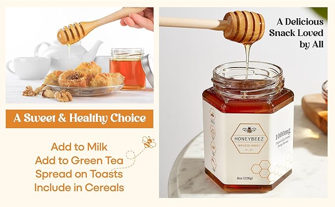 HoneyBeez Premium Raw Honey Infused with Hemp- 32mg per serving (Natural, 8oz)