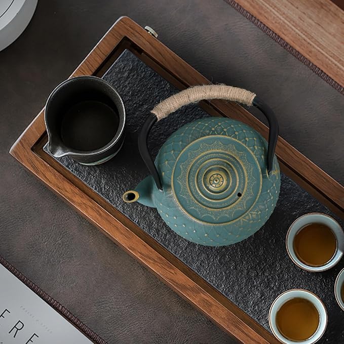 Ufine Japanese Style Cast Iron Teapot for Stove Top with Stainless Steel Infuser Loose Leaf Tetsubin Grid Design Blue Tea Kettle 40oz/1200ml