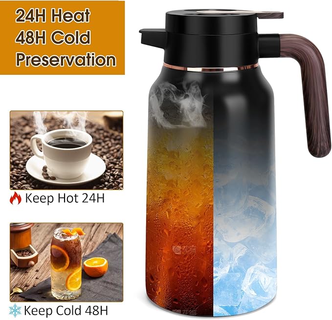 68oz Thermal Coffee Carafe, Stainless Steel Carafes for Hot Liquids 24 Hours, Insulated Coffee Carafes For Keeping Hot Coffee, Hot Water, Tea, Hot Beverage (Black)