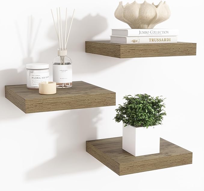 Fun Memories Floating Shelves for Wall - 7.5 Inch Square Shelves with Invisible Brackets, Small Wall Shelf for Living Room, Bathroom, Bedroom, and Kitchen Decor，Grey Set of 3