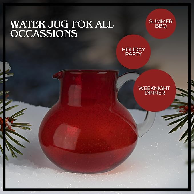 Artland Iris 90 Oz Handblown Glass Pitcher - Bubble Shape, Lead-Free - Versatile Drink Dispenser for Water, Juice, Cocktails - Enhanced Kitchen Decor, Dishwasher Safe (Ruby)