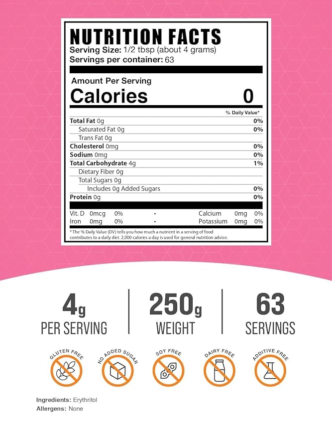 BulkSupplements.com Erythritol Powder - Erythritol Sweetener. Sugar Substitute - Zero Calorie Sweetener, Granular & Gluten Free, 4g of per Serving, 250g (8.8 oz) (Pack of 1)