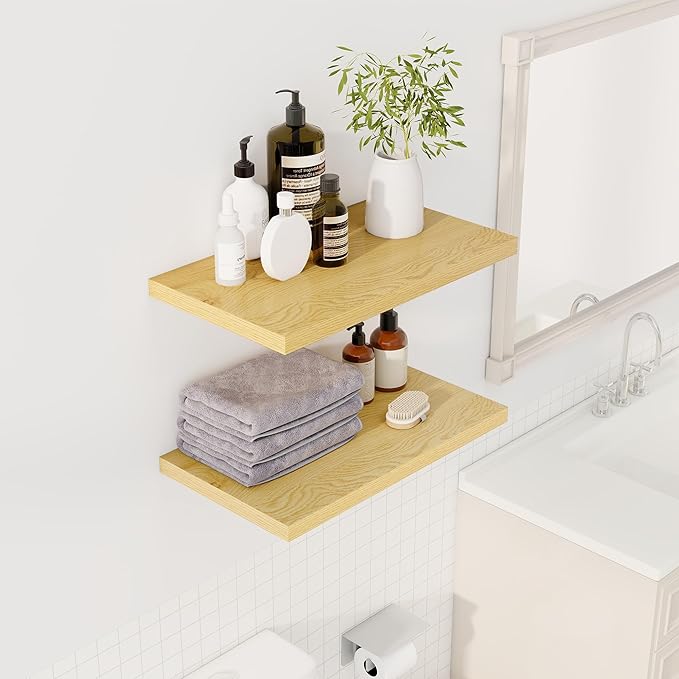 Dreamland 24" Floating Shelves for Wall, 12" Deep Slim Oak Floating Shelves, Wall-Mounted Shelves for Bedroom, Living Room, Kitchen, Bathroom - Set of 2