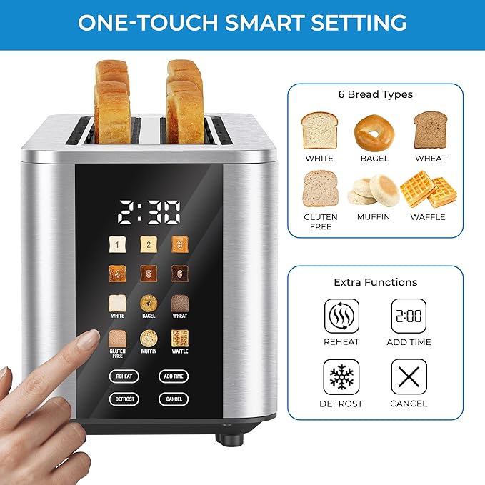 Kenmore 4-Slice Long Slot Toaster | Color Touch Screen & 6 Shade Settings | Extra Wide Slots | Digital Timer | Customizable Smart Presets | Reheat, Defrost, Add Time Functions | Stainless Steel