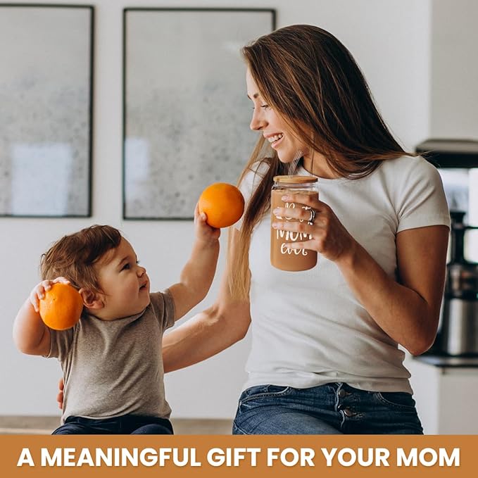 SANDJEST Gifts for Mom from Daughter Son - Mom 16 Oz Can Glass Coffee Cup with Bamboo Lid & Straw - Mothers Gift for Women on Birthday Mothers Day Valentines