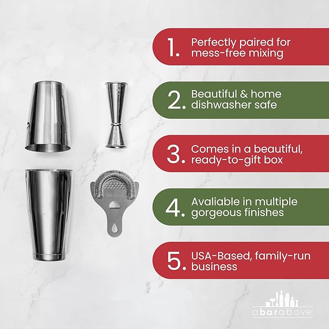 A Bar Above Cocktail Shaker Set, 4-Piece Professional Bartender Kit with Boston Shaker, Strainer, Jigger, and Bar Spoon, Stainless Steel Bar Accessories for Craft Cocktails, Black