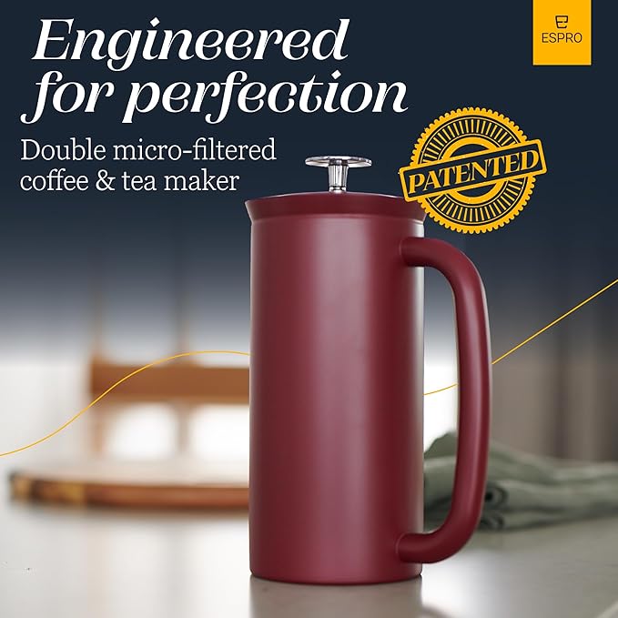 ESPRO P7 French Press Stainless Steel 304 – Patented Double Walled Micro-Filter Insulated French Press Coffee Maker, Grit-Free Brew - Heat Resistant BPA Free - Cranberry (18oz)