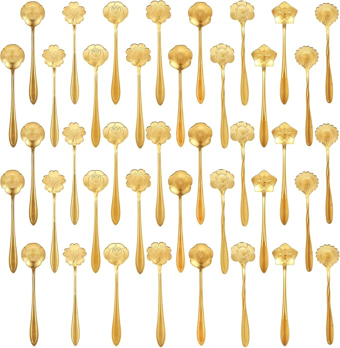 40 Pcs Gold Flower Teaspoons Stainless Steel Tea Party Spoons 5 Inches Mini Cute Teaspoon Gold Coffee Tea Spoons Bulk for Stirring Coffee Sugar Drink Kitchen Cafe Bar Creative Stirrer Teaspoon