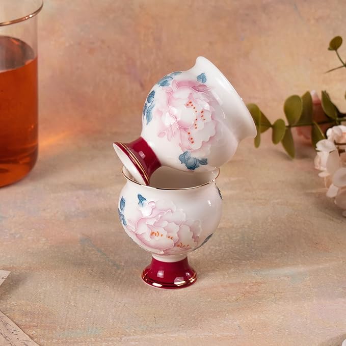 KAMMAK Red Makeup and Youth - Big-bellied, high-footed Cup,Tea Cup 3.2oz Small Tea Cups Set of 2, Red Porcelain Tea Cup Set,Asian Ceramic Teacups for Home, Party, Office