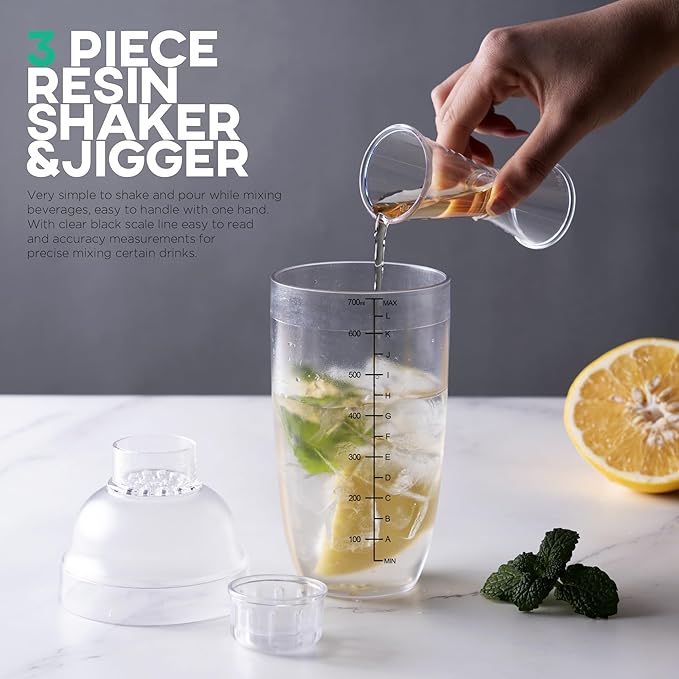 Homestia 3 Pack Plastic Cocktail Shaker with Extra 3 Caps, 700cc / 24 oz Clear Boba Tea Cup Matcha for Milk Wine Coffee Mixing, Bar Tool Hand Drink Mixer w/Scales and Strainer Top Clear Shaker Cup