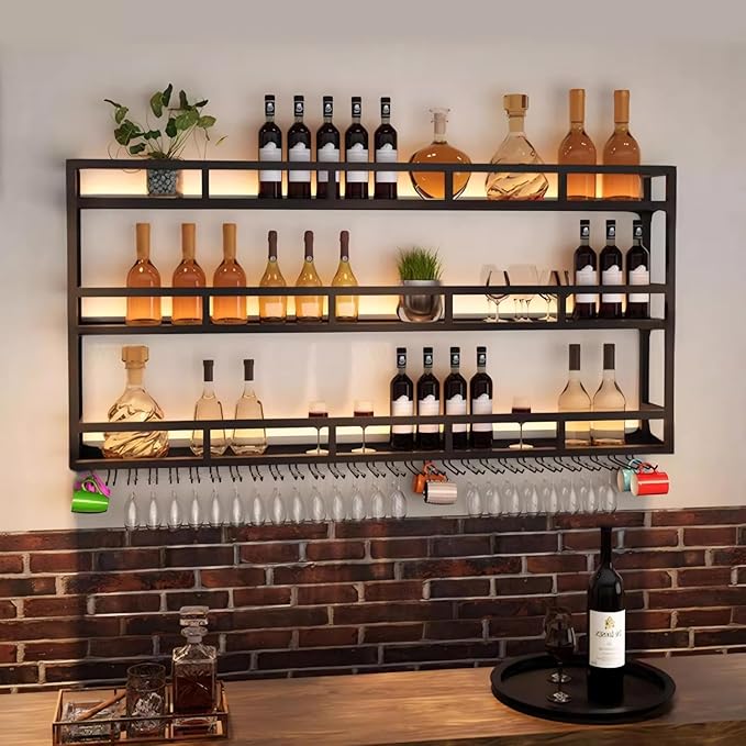 Wall-Mounted Wine Rack with LED Light, 3-Tier Wall Bar Shelves for Liquor Bottles & Glasses, Modern Industrial Black Floating Display Shelf for Home Bar, Dining Room& Kitchen, 39 x 9.8 x 35 in