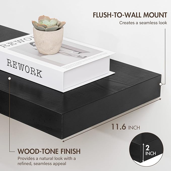 30 Inch Floating Shelves, 12" Deep Floating Shelf Wall Mounted, 30" Wall Shelves, Rustic Deep Bookshelf, Extra Deeper & Thicker Display Shelves for Bedroom, Living Room, Black, Set of 2