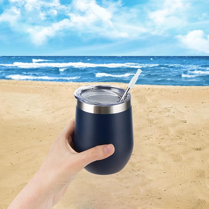 Lifecapido 4 Pack 12Oz Stainless Steel Stemless Wine Glasses, Insulated Wine Tumbler, Stainless Steel Wine Tumbler Cups with Lids and Straws for Coffee, Cocktails, Wine, Champaign, Navy Blue