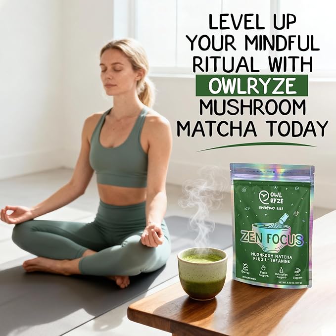 OwlRyze Mushroom Matcha Instant Zen Focus - Ceremonial Grade Matcha Power with 6 Functional Mushrooms, Lion's Mane, Cordyceps & L-Theanine for Calm Focus Energy, Immune Support - 100% Vegan, 30 Servings