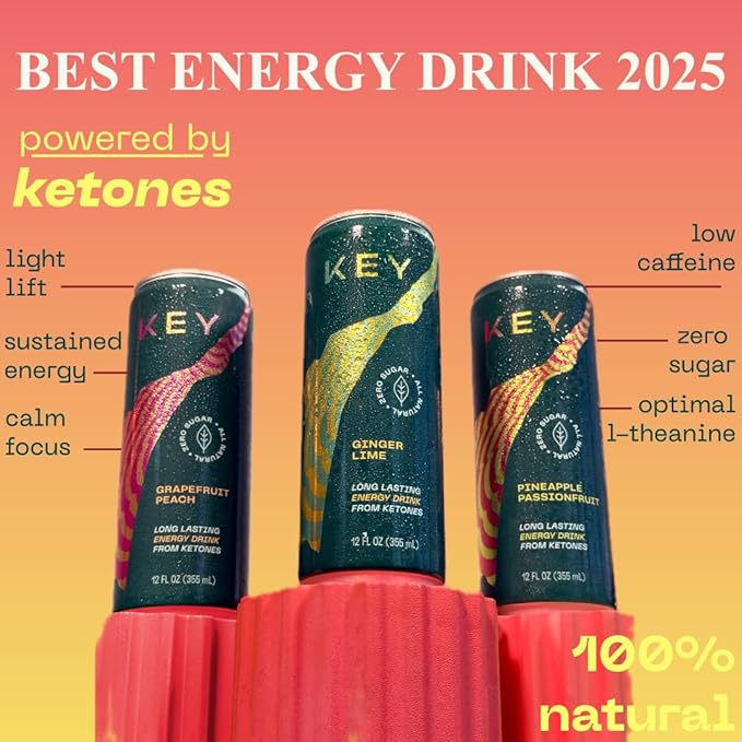 KEY Ketone Drink - Ketones for Energy & Focus, Sugar Free & Low Caffeine from Green Tea with L-Theanine, No Crash or Jitters, All Natural, Lightly Carbonated, Variety Pack (Pack of 12)