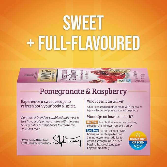 Twinings Pomegranate & Raspberry Herbal Tea Individually Wrapped Bags, 20 Count (Pack of 2), Naturally Caffeine-Free, Enjoy Hot or Iced, 20 Teabags