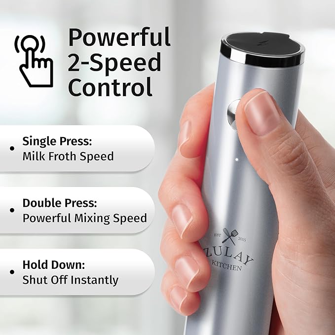 Zulay Kitchen Lux Electric Milk Frother Rechargeable Handheld - Powerful 2-Speed Motor, Waterproof, 2000mAh Battery - Drink Mixer for Latte, Cappuccino, Matcha & Protein Powder - Pure Silver