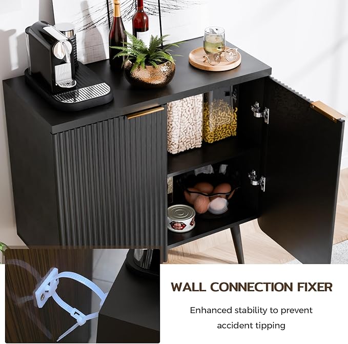 Wood Fluted Sideboard with 2 Doors, Modern Buffet Cabinet with Shelves, Multi-Space Storage Credenza Kitchen for Entryway, Dining & Living Room, Black
