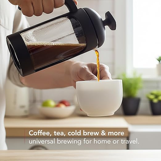 OVENTE French Press Coffee Maker 12 Ounce with Heat Resistant Borosilicate Glass & Stainless Steel 4-Level Filtration System, Portable Cold Brew Coffee Maker for Travel, Camping or Gift, Black FPB12B