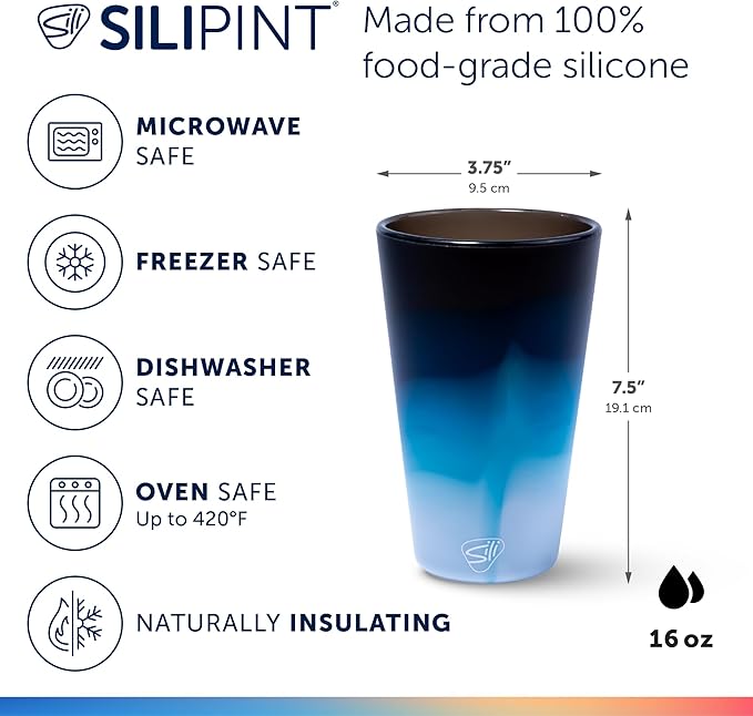 Silipint 16oz Silicone Pint Glass – Unbreakable BPA-Free Reusable Silicone Drinking Cup – Flexible Dishwasher Microwave & Freezer Safe – Stemless Glass for Water Coffee Smoothies (Moon Beam)