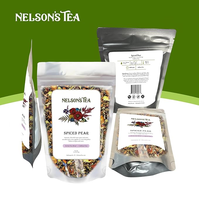Nelson's Tea - Caffeine Free Spiced Pear Loose Leaf Tea-Blend of Green Rooibos, Hibiscus, Rose Hips, Chicory Root, Chamomile, Dried Pears, Cornflowers, Cinnamon, Star Anise, Orange Peel, and Natural Flavors (Sample 0.4 Oz)