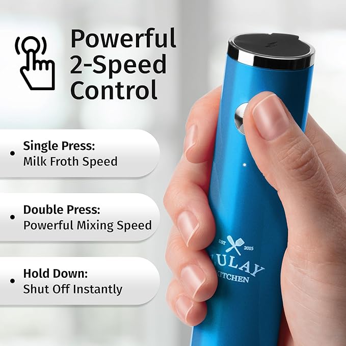 Zulay Kitchen Lux Electric Milk Frother Rechargeable Handheld - Powerful 2-Speed Motor, Waterproof, 2000mAh Battery - Lux Coffee Frother for Protein Powder, Drink Mixer Wand & Matcha Mixer