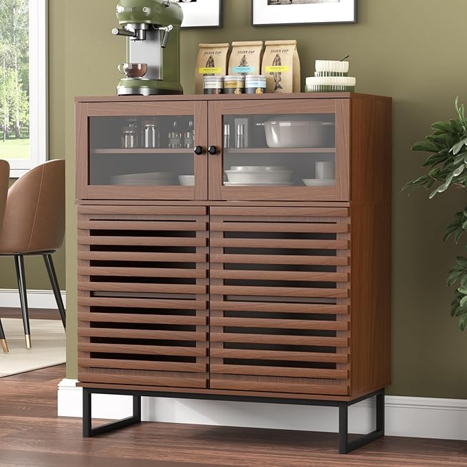 Vabches 31.5" Buffet Cabinet with Storage, Mid Century Modern Sideboard Coffee Bar Cabinet with Grille Doors & Adjustable Shelves for Kitchen, Dining Room, Living Room, Walnut