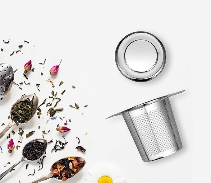 LHS Loose Leaf Tea Infuser, Tea Filter, Stainless Steel Infuser Basket, Extra Fine Mesh Tea Strainer for Loose Tea, Perfect Size Double Handles, Tea Infuser with Lid Fits Most Tea Pots, Mugs, Cups