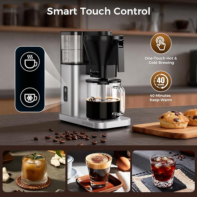 Kismile 8-Cup Drip Coffee Maker,Automatic pour over coffee machine,Portable Stainless Steel Coffee Maker, Dishwasher Safe, SCA Certified, 1300L/44 ounce, Hot & Iced, Silver